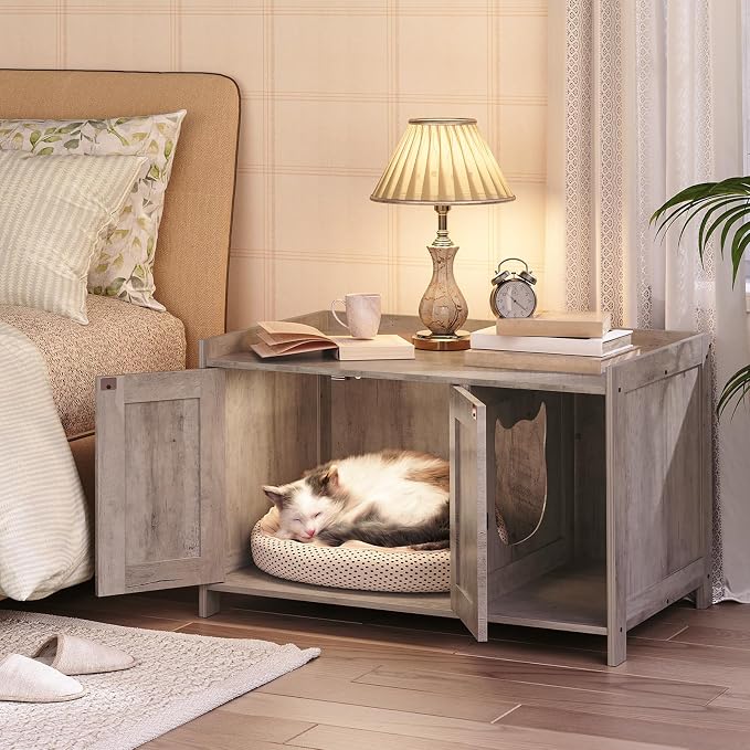MAHANCRIS Cat Litter Box Enclosure, Hidden Litter Box Furniture with Divider, Indoor Cat House, Wooden Cat Washroom Storage Cabinet Bench, Side End Table Nightstand, Greige CWHG2501Z