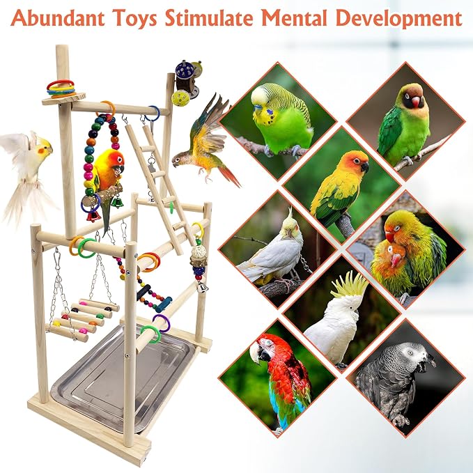 Hamiledyi Natural Wood Bird Playground - Large 3-Tier Perch Stand and Birds Nest Straw
