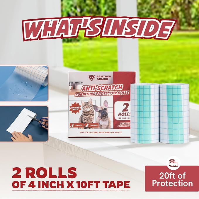 Panther Armor Frosted Matte Cat Scratch Tape for Furniture, Couch Protector, Single Side Sticky Tape for Pets to Stop Scratching, 4 in x 10ft, No Pins Required, Corner Protection