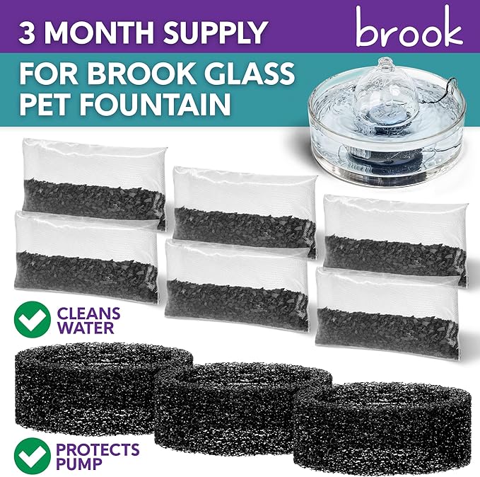 BROOK Glass Pet Fountain Filter Replacement Set – 3 Filter Rings & 6 Activated Carbon Pouches – 3 Month Supply Replacement Filters Set for BROOK Cat Fountain