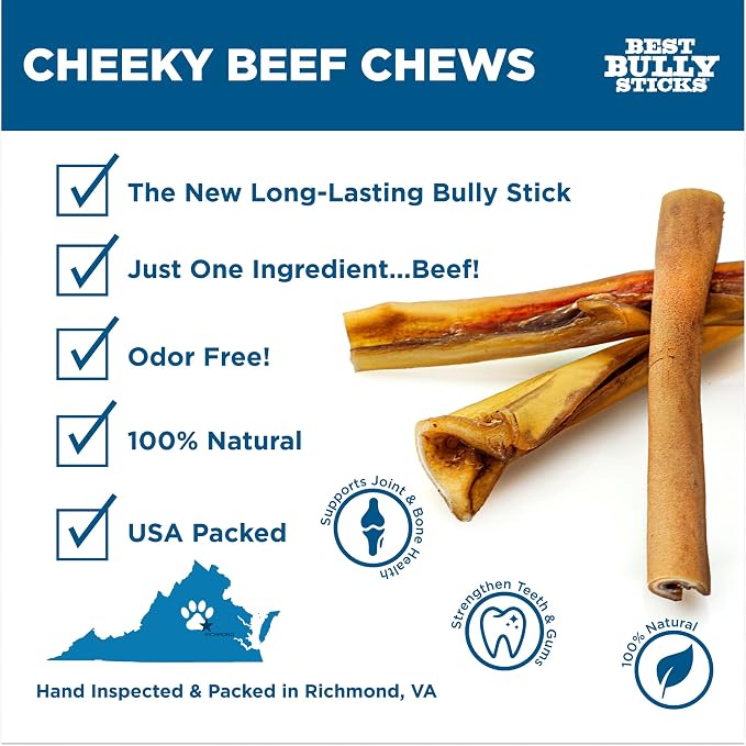 Best Bully Sticks Cheeky Beef Treats - 6 Inch 5 Count (Pack of 1) - Single Ingredient, 100% Grass-Fed, USA Packed, Long-Lasting, Odor Free Alternative to Bully Sticks