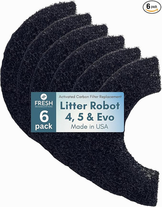 Fresh Headquarters Pre-Cut Activated Charcoal Filter - Compatible with Litter Robot 5, Evo and Litter Robot 4 Carbon Filters for Odor Control, Deodorizer & Dust Reduction Made in USA - 6-Pack