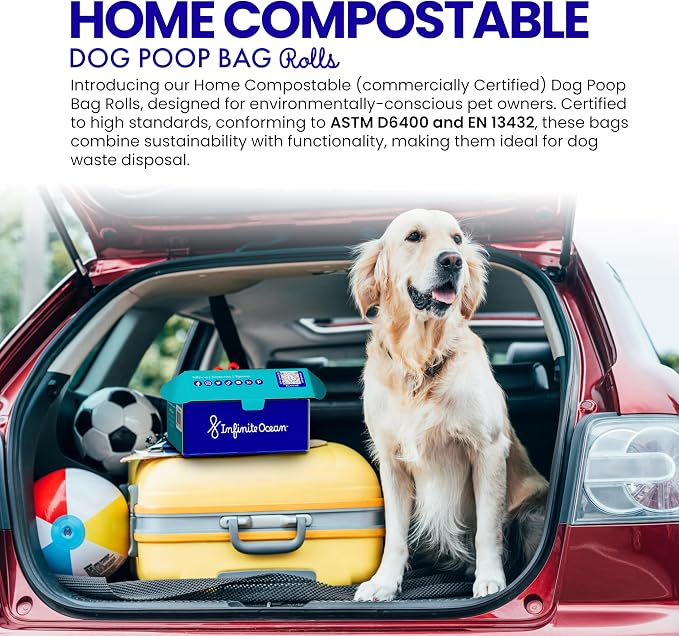 Certified Home Compostable Dog Poop Bag Rolls, 300 Tie-Handle & Gusseted, Leak-Proof, Odor-Proof Bags, Thick Blue Refill Rolls, Unscented