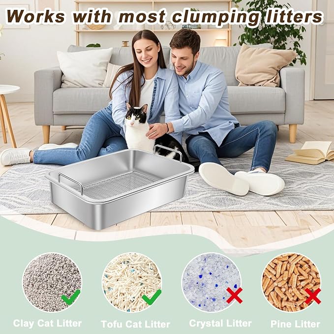 Stainless Steel Sifting Cat Litter Box for Clumping Clay Litter,Large Metal Litter Box with Litter Bag,Sifting Tray and Handle for Easy Lifting, Odor Control (19.7" x 13.7" x 5.9")