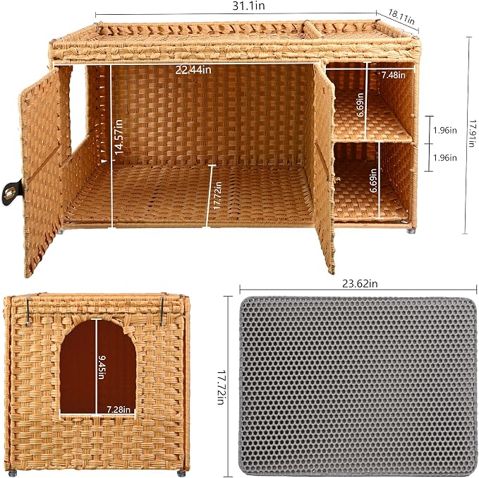 Aesthetic Cat Litter Box Enclosure, Handwoven Rattan Hidden Litter Box Furniture with Extra Mat and Fence, Large Space Litter Box Cover with Divider for Bedroom Living Room Balcony, Yellow