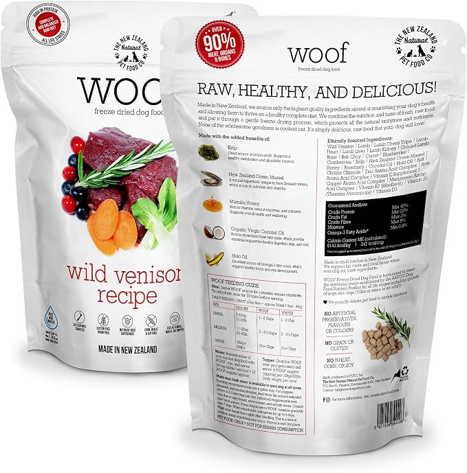 The New Zealand Natural Pet Food Co. WOOF Freeze Dried Dog Food - Wild Venison Recipe,High Protein Dog Food Toppers, Freeze Dried Meals & Treats - 35 Ounce (Pack of 1)