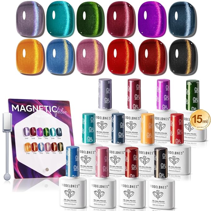 modelones 12Pcs 15ML Cat Eye Gel Nail Polish Set, Same Color Same Bottle Summer Green Blue Yellow Pink Red Purple Cateye Gel Polish Set with Magnet Sparkle Series Hema-free Gel Polish Kit Nail Art