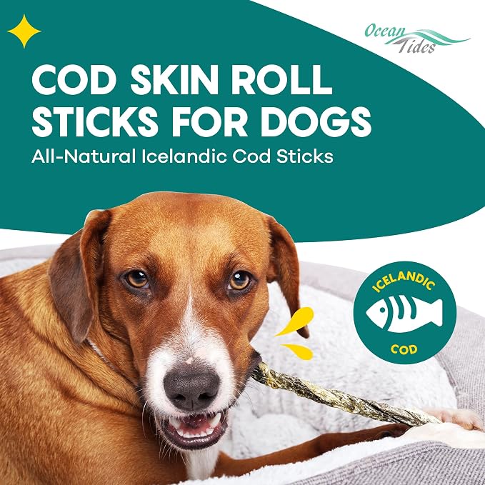 Ocean Tides Cod Skins for Dogs and Cats 32 Oz - Icelandic Atlantic Fish Skin Treats, Dried Lean Crunch Sticks Chews, Single Ingredient Healthy Treat for Dogs, Crunch Fish Sticks for Puppies and Cats