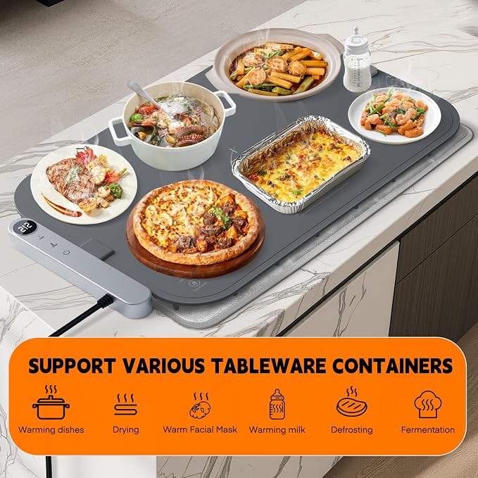 Homelove Warming Mat for Food - Electric Warming Tray with 6-Level Temperature and Hours Setting, Full Surface Graphene Heating, Waterproof Dishwasher-Friendly Food Warmer for Parties, Kitchen (Grey)