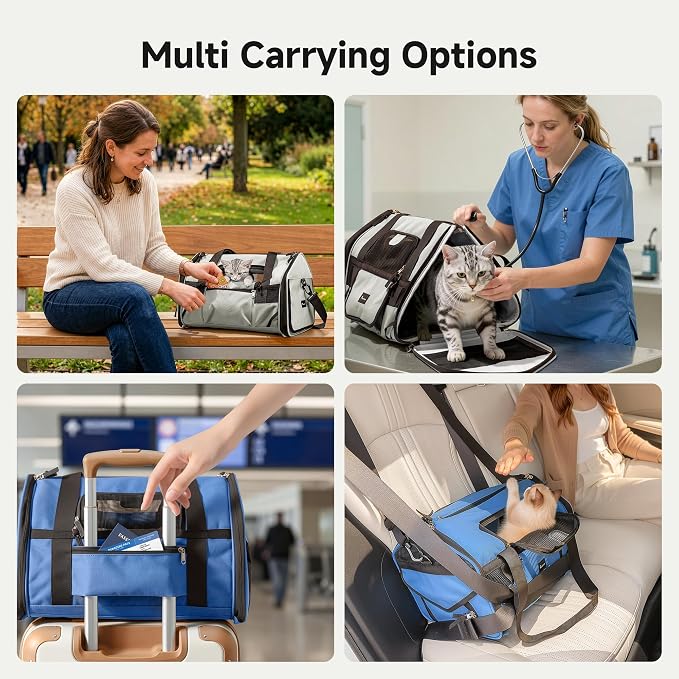 Soft-Sided Travel Cat Carrier with Safety Buckles, Lockable Zippers & Safety Tether, Escape-Proof Collapsible Pet Carrier for Car Rides & Vet Visits, Airline Approved Underseat, Up to 12lbs