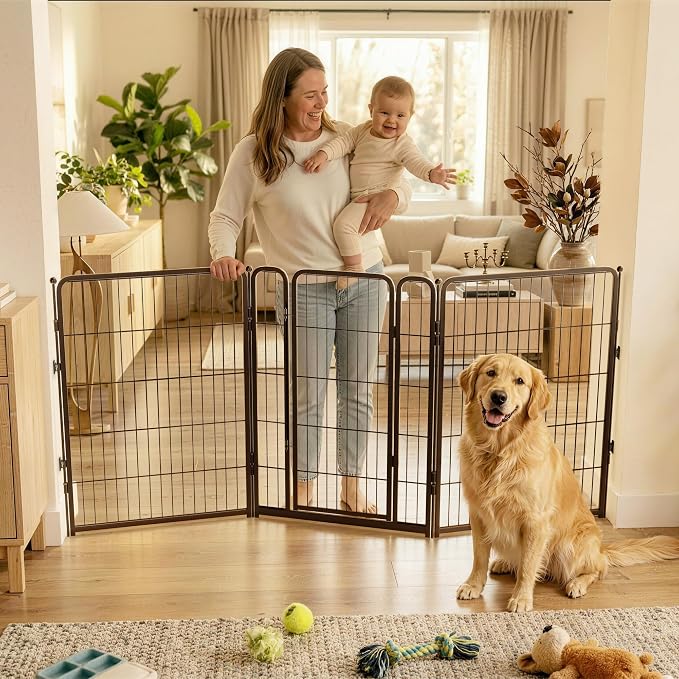 FXW Dog Gate Extra Wide Designed for Indoor Use, Adjustable Width Up to 83-inch Wide (40" H 3 Wire Panels for Medium and Large Dogs), Black