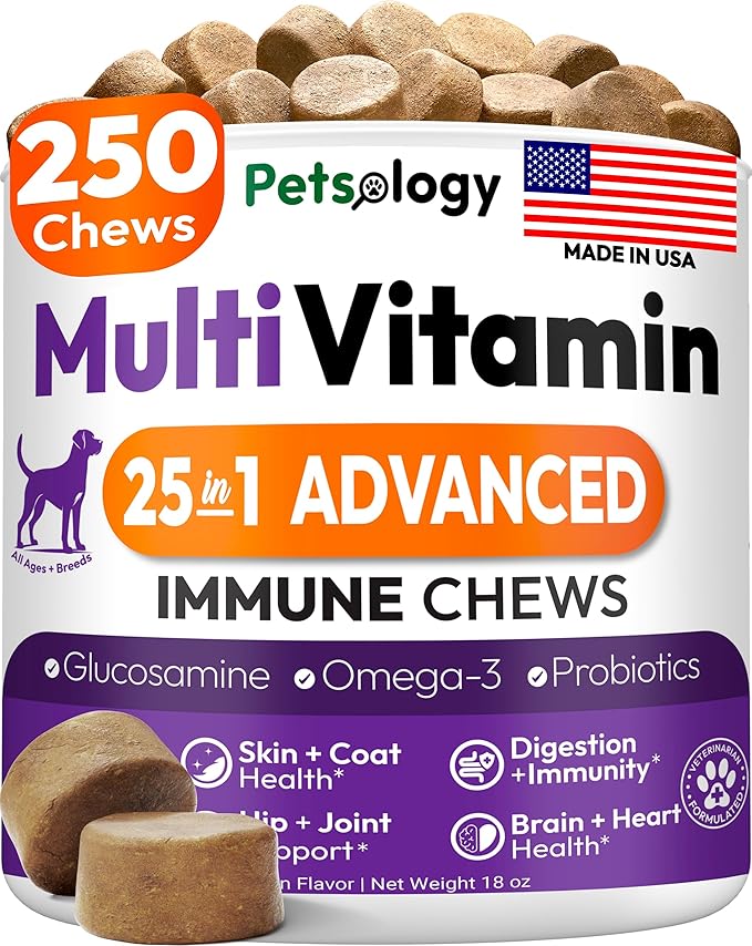 25-in-1 Dog Vitamins and Supplements - 250 Chews Dog Multivitamin Chewable with Glucosamine, Probiotics Omega 3 for Dogs Skin & Coat Hip & Joint Gut Brain Immune Support - Senior & Puppy Multivitamin