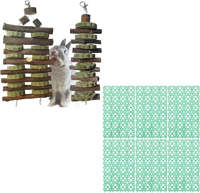 Hamiledyi Bunny Chew Toy for Teeth & Guinea Pig Natural Organic Fruitwood Sticks with Grass Cake & 6 Pcs Rabbit Cage Mats Plastic, 7.8 x 11.8 inches