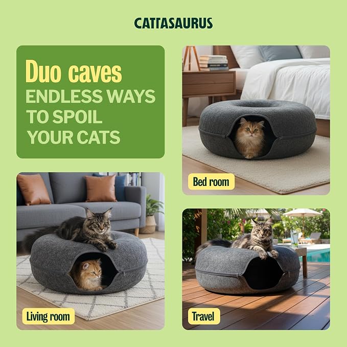 Cattasaurus Peekaboo Cat Cave Duo Jumbo Set, Extra Spacious Cat Donut for Multiple & Large Kitty 15+ lbs, Scratch Detachable Cat Beds for Indoor Cats, Washable Cat Tunnel Bed, Best Kitten Toys