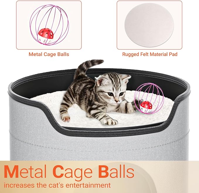 Cat House for Indoor Cats Large Double Cat Beds Cave with Cat Scratcher Pad Toys w/Catnip,Soft Washable Cushion Cat House Shelter D15xH15in Grey (Metal Cage Balls+5mm Pad)