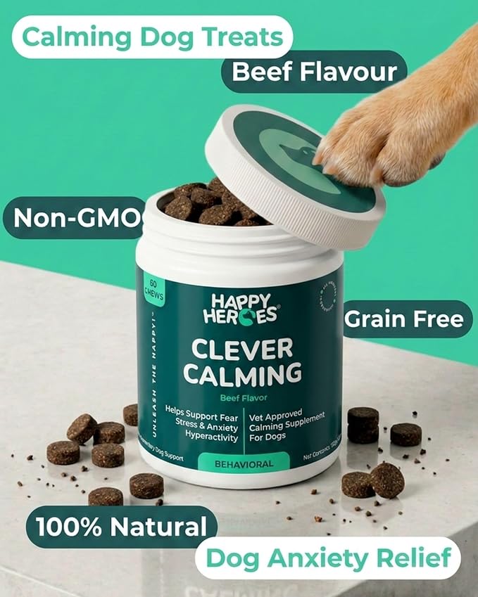 Clever Calming Chews for Dogs, 100% Natural Dog Supplement, For Anxiety Relief, Helps Stress, Fear, Hyperactivity, Reactivity, Beef Flavor Calming Dog Treats, Made in USA, 60 Soft Chews