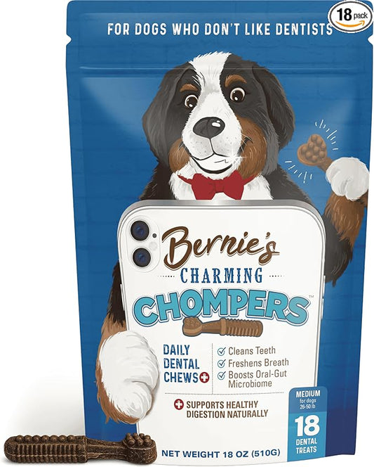 Bernie's Charming Chompers - Daily Dental Chews for Dogs 26-50 Lbs. - 18 Count - Cleans Teeth, Freshens Breath, + Boosts Oral-Gut Microbiome. Easy to Digest, Supports Healthy Digestion Naturally