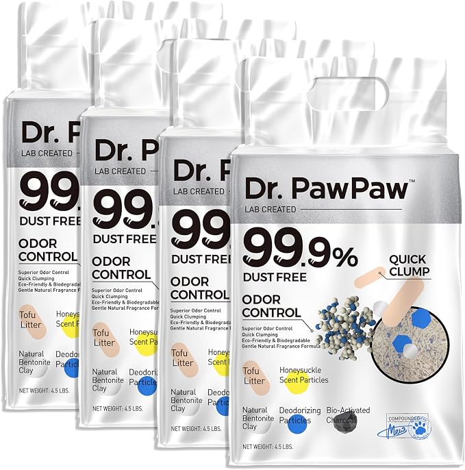 Tofu Cat Litter, Dr. PawPaw Clumping Cat Litter, Honeysuckle Scent 18 lb, Dust-Free Keep Kitty Tidy, Superior Odor Control Keep Step Fresh