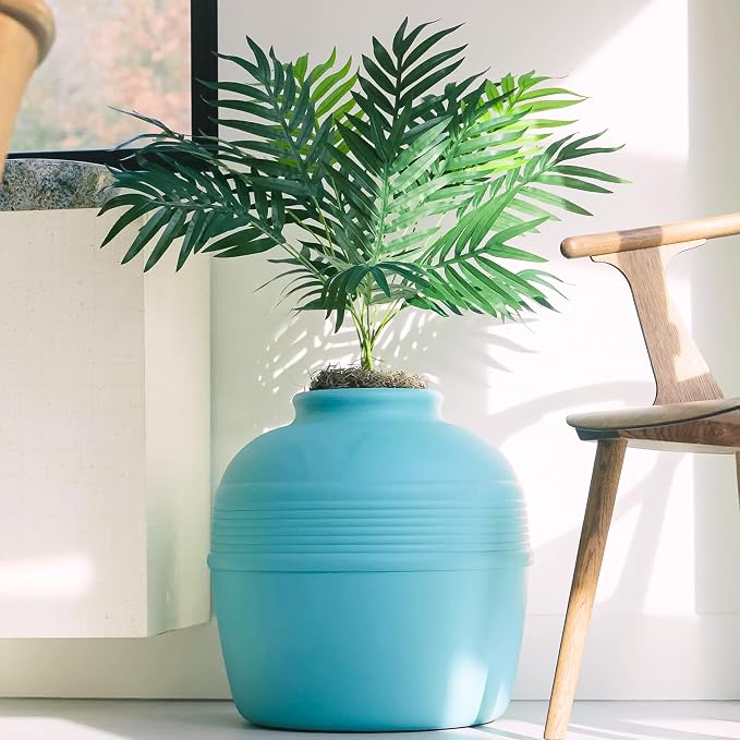 Good Pet Stuff Original Hidden Litter Box Planter, Decorative Cat Litter Enclosure, Carbon Filter, Faux Plant, Round Design, Easy to Clean, Base Kit, Palm Plant, Coastal Blue