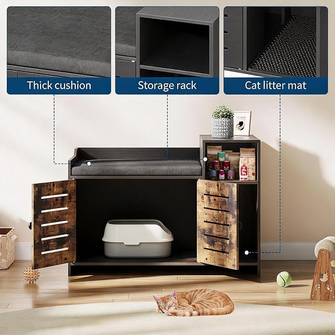 Cat Litter Box Enclosure, Hidden Litter Box Cabinet Furniture with Scratch Pad, Farmhouse Indoor Cats House with Storage Layer for Hallway, Bedroom