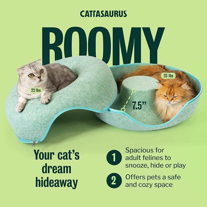 Cattasaurus Peekaboo Cat Cave Donut for Multiple & Large Cats up to 30-45 lbs, 3-in-1 Self Warming Cat Bed, Tunnel & Scratcher for Indoor Cats, Washable & Detachable Small Dog Bed (Sage Mist, Large)