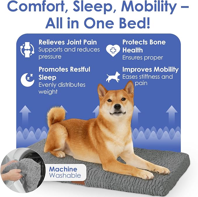American Kennel Club Orthopedic Memory Foam Dog Crate Mat, Egg Crate Foam Cushion, Washable Cover, Non-Slip Base, Eases Joint Pain, Breathable, Durable, 36x23, Gray