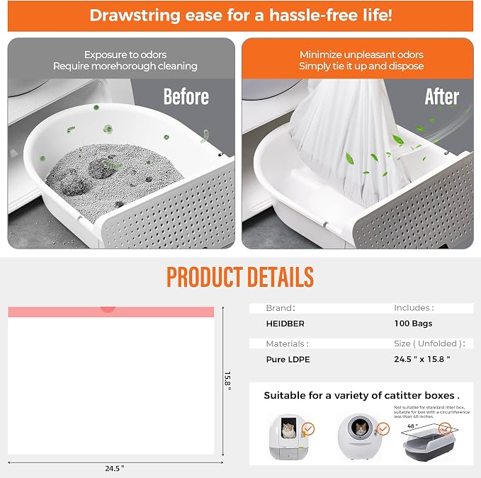Drawstring Cat Litter Box Liners 100 Pack-Robot Litter Liner Bags for Robot 3 and 4 Cleanpethome/PETKIT PuraX PuraMax Self-cleaning Cat Litter Box Bag Heavy Duty Litter Box Robot Waste Bags