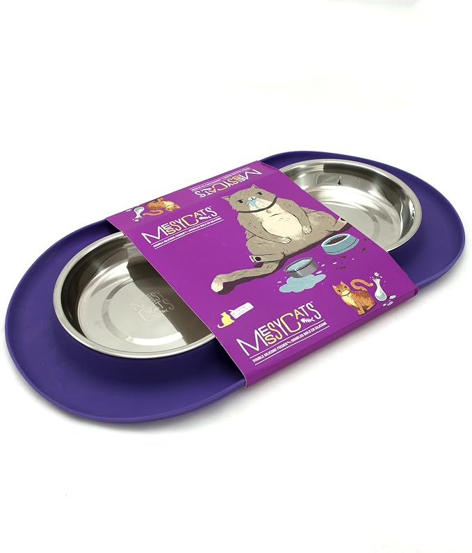 Messy Cats Double Silicone Feeder with Stainless Saucer Shaped Bowl | Anti-Slip Non-Skid Cat Food Bowls | Two Cat Bowls in Feeding/Water Station | 1.75 Cups per Bowl (Purple)