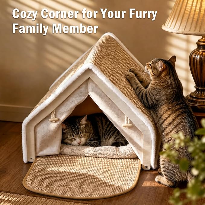 Cat Houses for Indoor Cats with Natural Sisal Scratcher Mat,Curtains,Bed and Floor Rug–Solid Wood Frame Cat Cave,Cat Scratch House