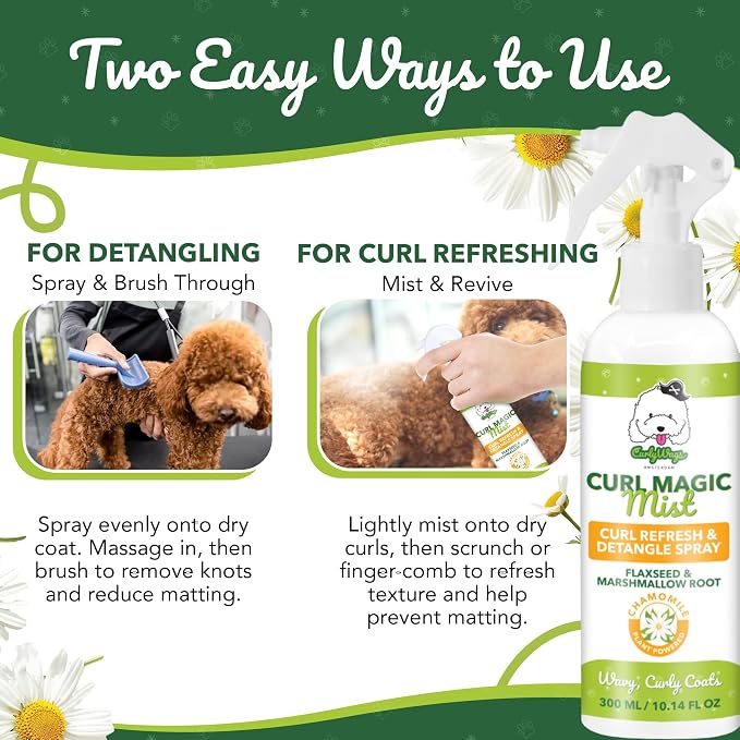 Dog Detangler & Curl Refresh Spray, Mat-Reducing Leave-in Conditioner for Curly Coats, Tangle-Free Dematting, Moisturizing No-Rinse Dog Grooming for Doodle, Poodle, Goldendoodle (Chamomile)