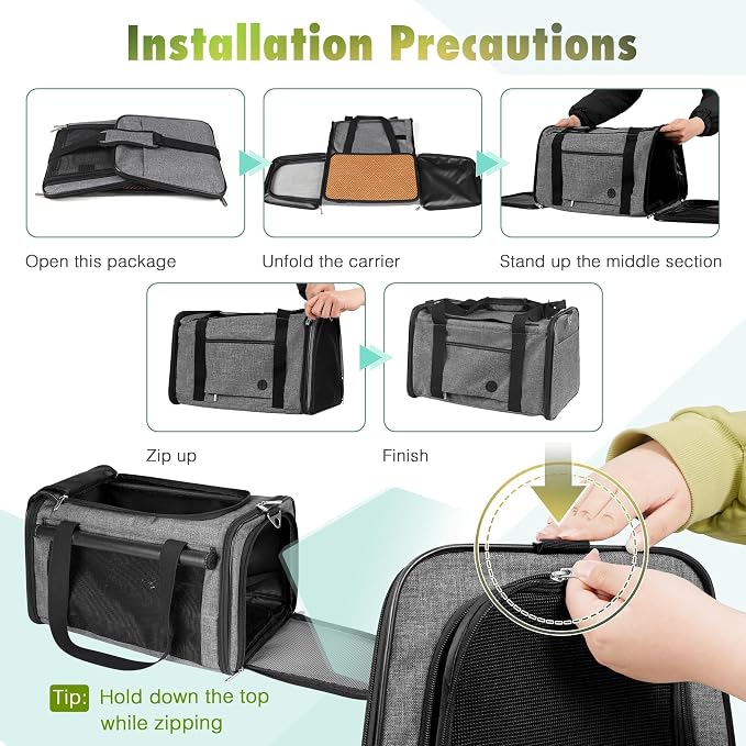 YUDODO 25lbs Cat Carrier Lightproof Soft Sided Pet Carrier for Large Cat & Small Dog Airline Approved Travel Puppy Carriers with Side Pockets & Reflective Mesh Foldable Portable for Outdoor Grey Green