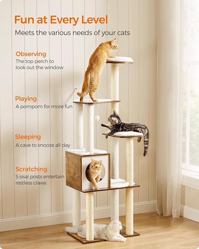 Feandrea Cat Tree, 64.6-Inch Modern Cat Tower, Multi-Level Condo with 5 Scratching Posts, Perch, Washable Removable Cushions, Cave, Rustic Brown UPCT166X01