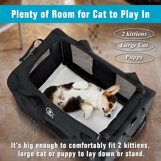 PEGIC Extra Large Cat Carrier, Black | Soft Sided Collapsible, For 2 Kittens or Large Cat, Up to 50lbs, Car Travel, Indoor and Outdoor Uses