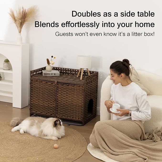 Furriends Cat Litter Box Enclosure with 2 Mats, Handwoven Rattan Hidden Litter Box Furniture Large 30.3”L x 18.2”W x 24.2”H, Double as Indoor Cat House or Side Table for Living Room Hallway, Brown