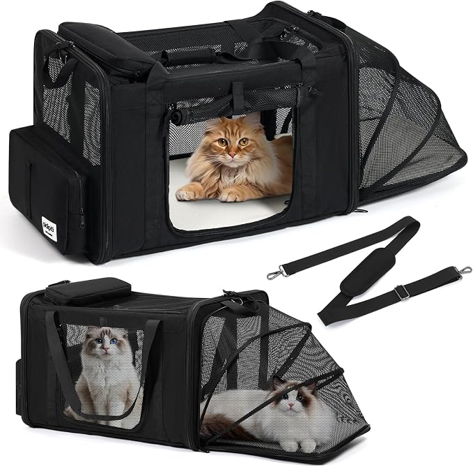 pidipiti 25''(L) x 17''(W) x 17''(H) Extra-Large Expandable cat Carrier for Long Distance car Travel,for 1 Extra-Large cat / 2 Large Cats / 3 Small-Medium Cats up to 35 lbs(Black)