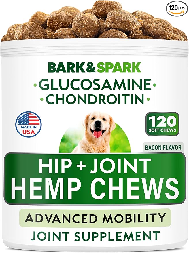 Bark&Spark Advanced Hemp Chews for Dog Joint Pain Relief - Glucosamine Chondroitin Hemp Treats Hip Joint Health - Joint Supplement Large Breed & Small - Treats Joints Old Senior Dog (120Ct/Bacon)