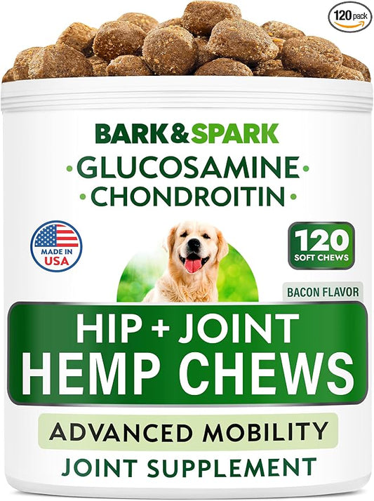 Bark&Spark Advanced Hemp Chews for Dog Joint Pain Relief - Glucosamine Chondroitin Hemp Treats Hip Joint Health - Joint Supplement Large Breed & Small - Treats Joints Old Senior Dog (120Ct/Bacon)