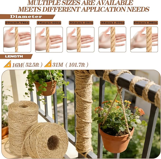 Jute Rope Natural Jute Manila Rope Nautical Hemp Rope Twisted Natural Thick Heavy Duty Ropes for Crafts, Bundling,Anchor, Hammock, Nautical, Tug of War, Railings,Decorate (1 in X 50 Ft)