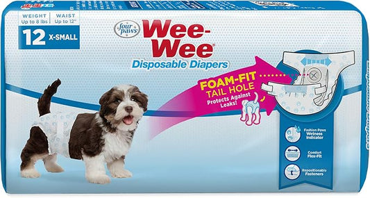 Four Paws Wee-Wee Super Absorbent Disposable Adjustable Dog Potty Training Diapers, Leak-Proof Protection for Dogs, Size Extra Small, Up to 8" Waist, 12 Count
