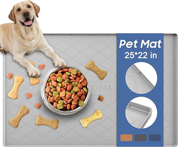 URMONA Large Dog Food Mat, 25" x 22" Pet Food Mat, Waterproof Dog Cat Food Mat with Raised Edges, Silicone Pet Food Mat, Dog Accessories, Prevents Food Spills, Protects Floors (Light Grey)
