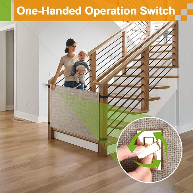 Baby Fabric Gate for Stairs Banisters - Dog and Pet Safety Barrier Gates for Stairway - No Drill Banister to Banister Baby Kids Gates for Stairs (Apricot, Wide 48" to 55" Height 34")