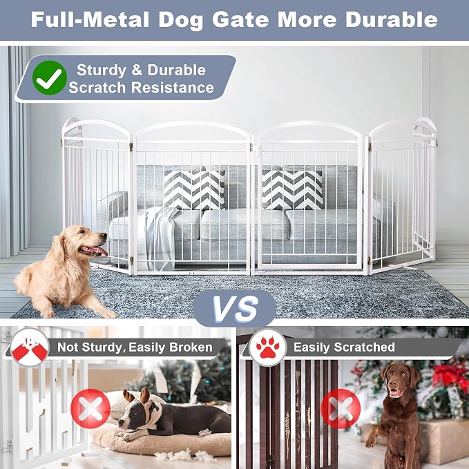 Full Metal Free Standing Dog Gate with Door for Indoor Outdoor, 144'' Extra Wide 32'' Tall Dog Gate for Doorways,Large Openings,Decks,Freestanding Portable Pet Fence(6 Panels,White)