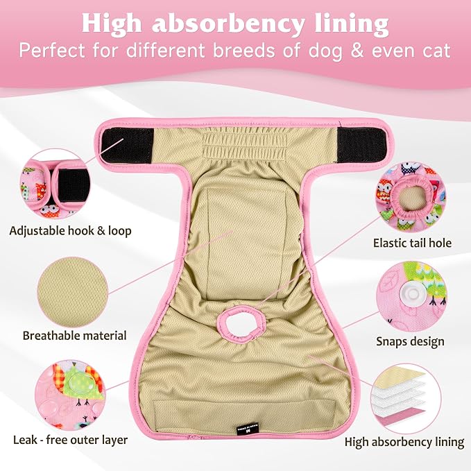 Dog Diapers Female 5pcs,Reusable Dog Doggie Puppy Doggy Diapers Female, Period Panties in Heat, Owl, Medium