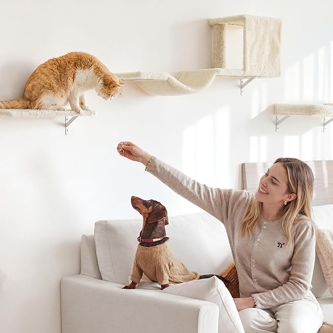 FUKUMARU Cat Wall Shelves, Stable & Safe 4 in 1 Cat Walls Furniture Set, Wooden Kitten Climbing Wall with Scratching Post for 16 Inch Drywall - Beige