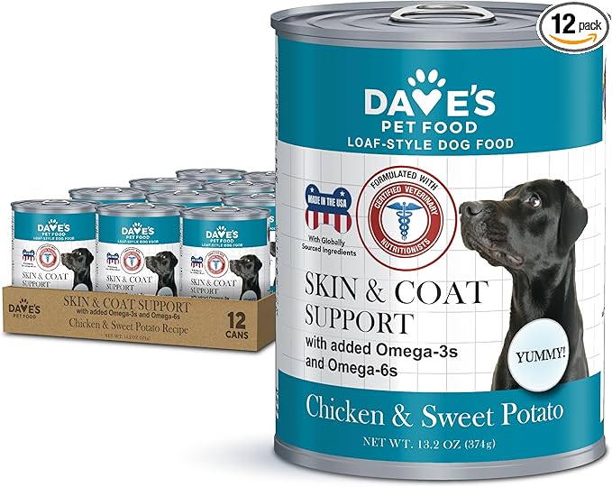 Dave's Pet Food Sensitive Skin Dog Food for Skin and Coat (Chicken & Sweet Potato), Wet Canned, Made in USA, 13.2oz Cans (12 Pack)