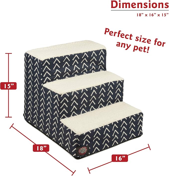 Majestic Pet 3 Step Portable Dog Stairs for Small Dogs to get on Bed Supports 25 lbs or Less – Dog Steps for High Bed with Machine Washable Cover – Pet Stairs for Cats Boho Arrow Navy Blue