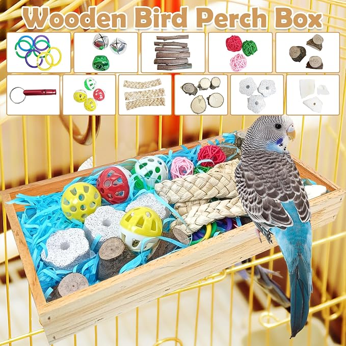 BNOSDM Large Foraging Toys Box and 3Pcs Gradient Bird Rope Perches Toy for Parakeet, Conure, Cockatiel
