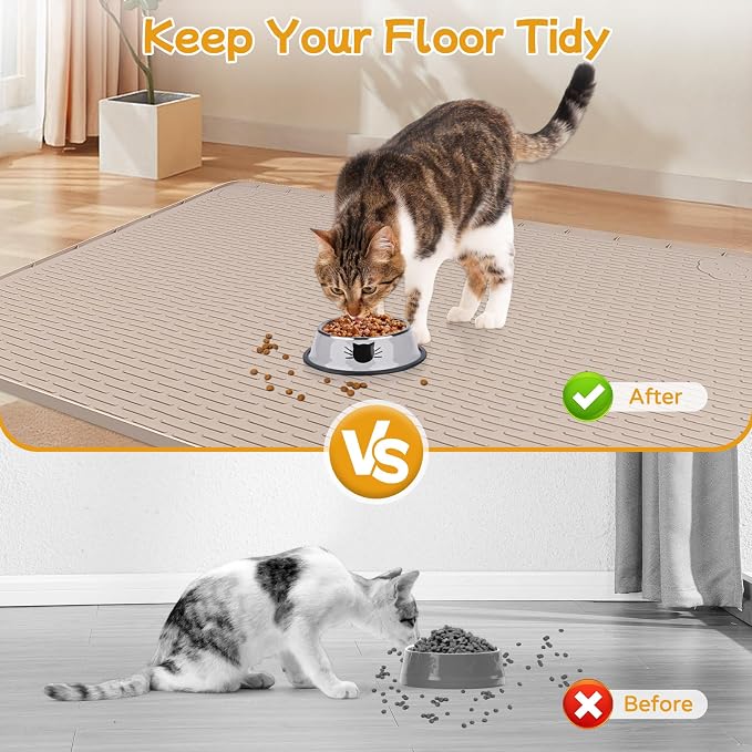 Cat Food Mat, 40" x 28" Large Silicone Mat Cat Feeding Mat with Raised Edge Non-Slip Pet Feeding Mat for Food and Water Bowl, Easy to Clean, Floor Protection (Khaki)