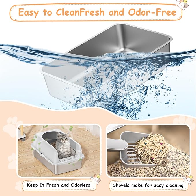 2 Pack Stainless Steel Litter Box witn High Sides, Extra Large cat Litter Box with Lid, Metal Litter Boxes for Multiple Cats, Anti-Leakage,Non-Stick, Easy to Clean, Included Cat Litter Mat, Scoop
