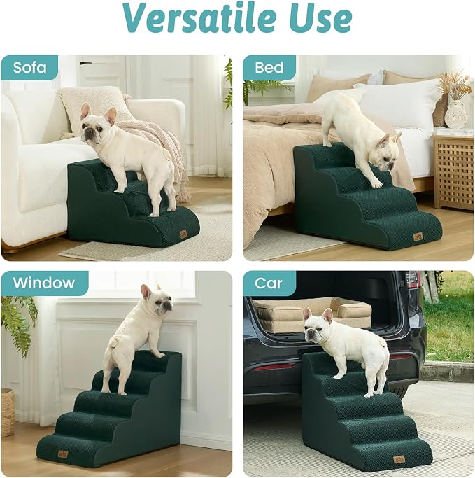 COZY KISS Wide Dog Stairs for Small Dog 15.7" H, Pet Step for Puppy, Older Cat, Curved Ramp for Couch, Durable Anti-Slip Ladder with High Density Foam, 3 Step, 17.7x22.4x15.7 inch, Dark Green